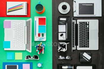 desktop on one side, rational and monochromatic on the other side