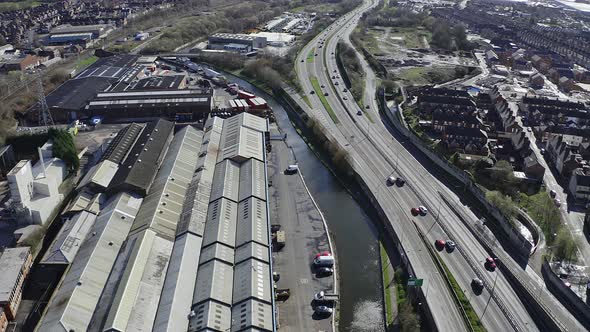 Aerial footage of the A50, A500 motorway, dual carriage way in the heart of the city of Stoke on Tre