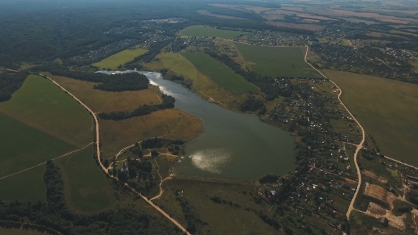 Aerial View.Landscape Of The Field, Lake.