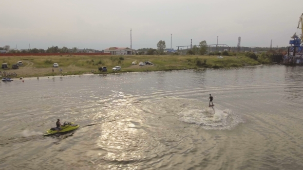 Fly Board Rider On The river.Aerial Video.