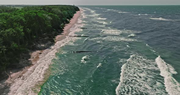 Big waves on Baltic Sea, Poland. Tourism at Baltic sea.