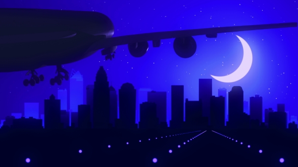 Charlotte North Carolina USA Airplane Landing Skyline Moonlight Night 