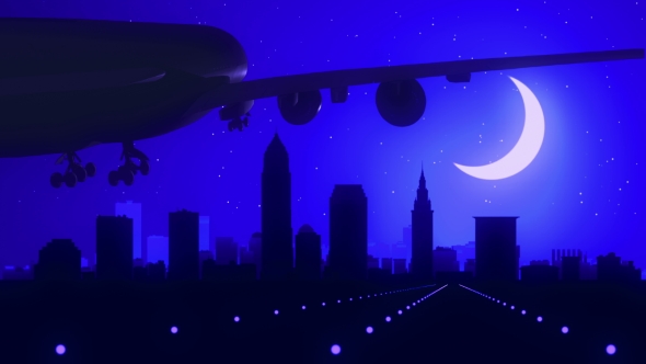 Cleveland Ohio USA Airplane Landing Skyline Moonlight Night 