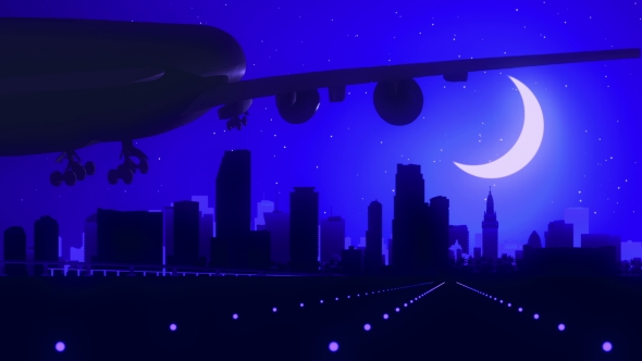 Miami Florida USA Airplane Landing Skyline Moonlight Night 