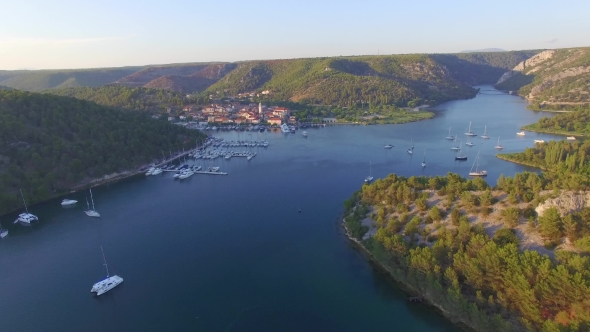 Aerial View Of Old Town Of Skradin At Estuary Of The Krka River