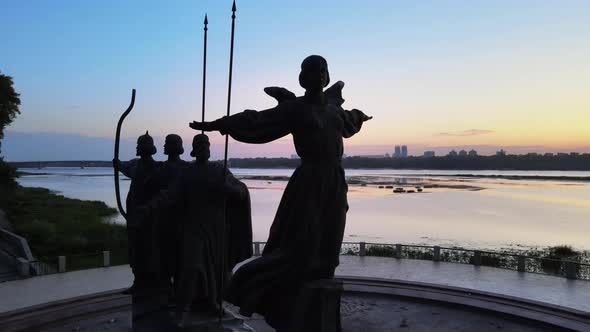 Kyiv, Ukraine - a Monument To the Founders of the City in the Morning at Dawn. Aerial