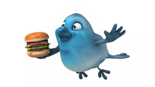 Fun 3D cartoon animation of a blue bird with alpha