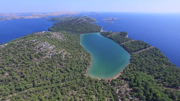 Flying above the famous salty lake on the Croatian shoreline