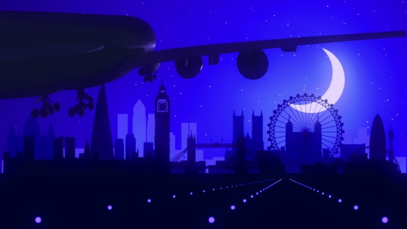London England Airplane Landing Skyline Moonlight Night 