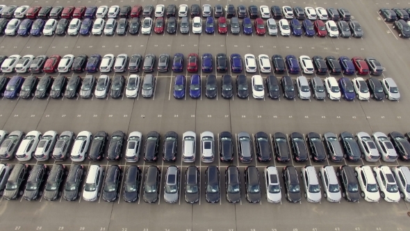 Flying Above Storage Parking Lot Of New Unsold Cars, Aerial View