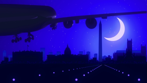 Washington Columbia USA Airplane Landing Skyline Moonlight Night 