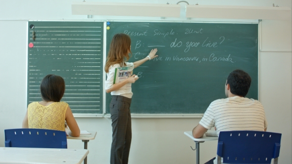 Young Teacher Near Chalkboard In School Classroom Talking To Class