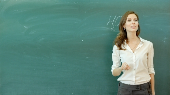 Learn Science Or Chemistry Formula Confident Beautiful Woman Teacher Chalk Blackboard