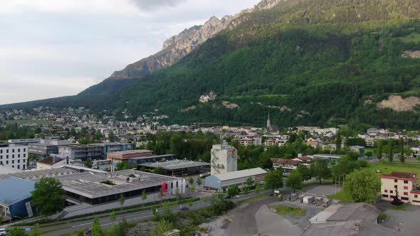 Flight over Vaduz city, capital of Principality of Liechtenstein, Europe