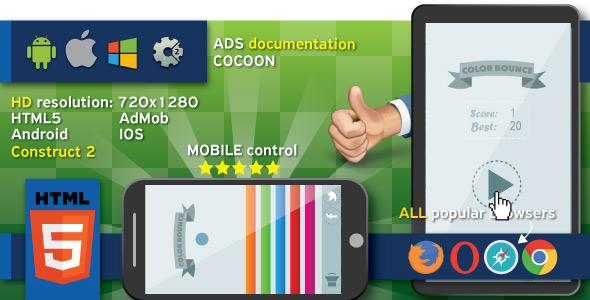 Color bounce - HTML5 game. Construct 2 + cocoon ADS (AdMob)