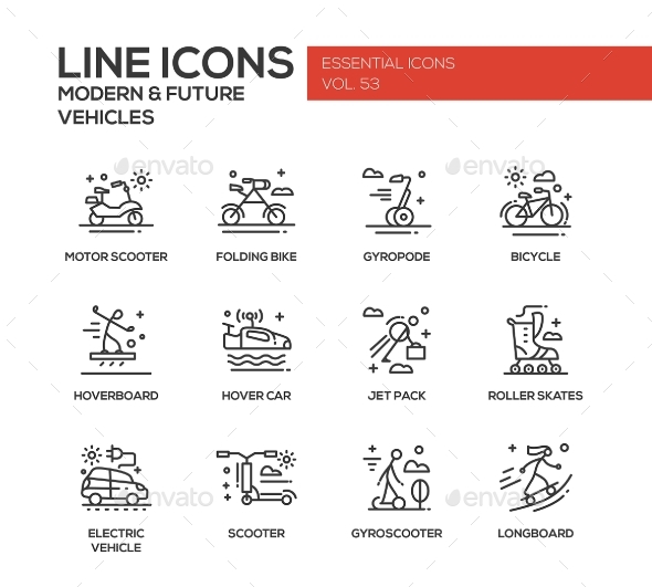 Modern And Future Vehicle - Line Design Icons Set
