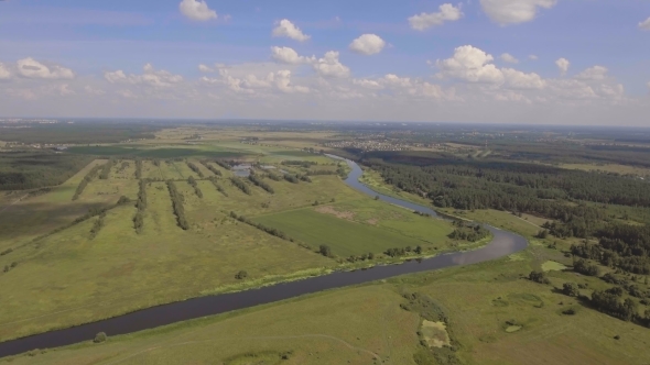 Landscape Of The Field, river.Aerial View.