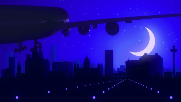 Liverpool England Airplane Landing Skyline Moonlight Night 