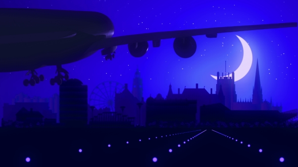 Sheffield England Airplane Landing Skyline Moonlight Night 
