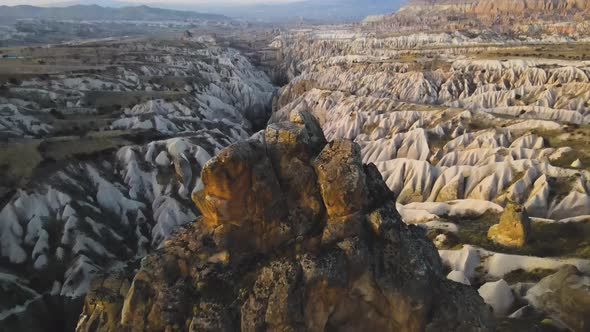 Cappadocia Aerial Drone or Balloon View to Red and Rose Valley Rock Formation Ancient Cave Churches
