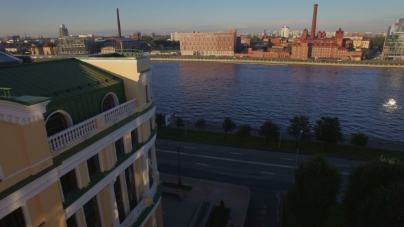 Beautiful Aerial View Of The Embankment Of The River In a Big City