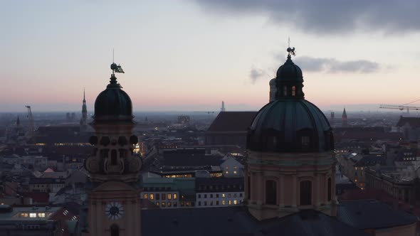 Dolly Forwards Through Two Church Towers Theatinerkirche Cathedral in Munich, Germany, Aerial at