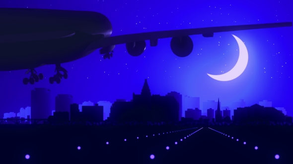 Saskatoon Canada Airplane Landing Skyline Moonlight Night 