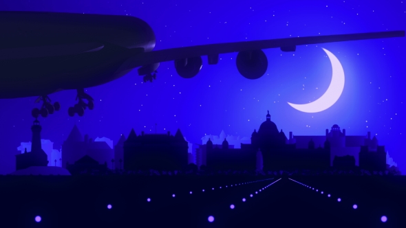 Victoria Canada Airplane Landing Skyline Moonlight Night 