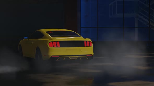 Luxury Sports Yellow Car Drifting at Night Parking Garage