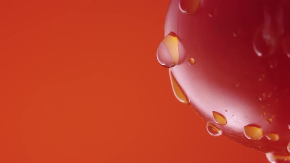 Ripe Tomato in Drops of Water on Red Studio Background