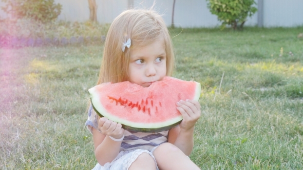 Cute Little Girl Eating Watermelon On The Grass In Summertime