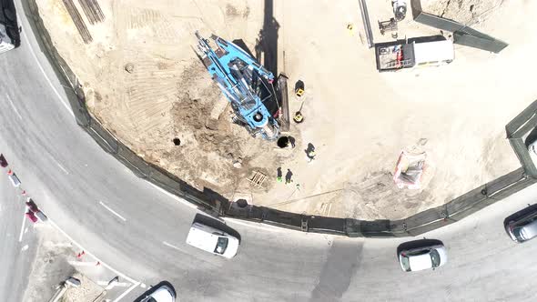 The movement of machinery. Aerial view of the construction road.