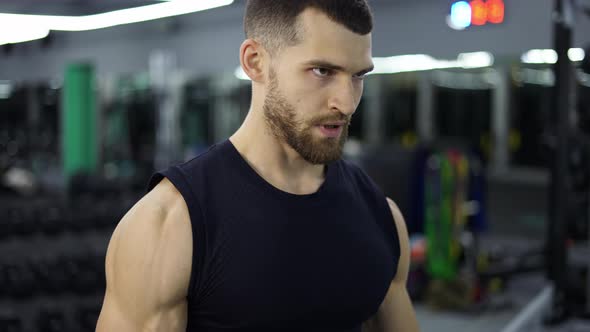 Portrait of Muscular Athlete Works Out with Dumbbells