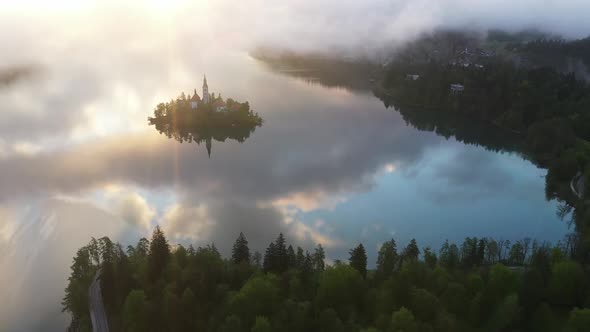 Flying over lake Bled on a beautiful morning