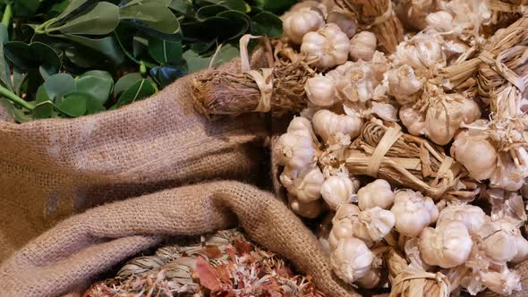 Bags with Assorted Spices. Linen Sacks with Various Aromatic Spices Placed on Market