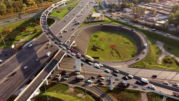 Aerial View of a Freeway Intersection Traffic Trails in Moscow