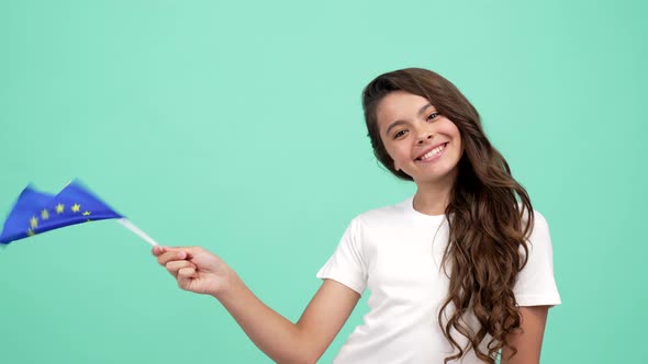 Happy Child Long Hair Waving European Union Flag on Blue Background Country Selection