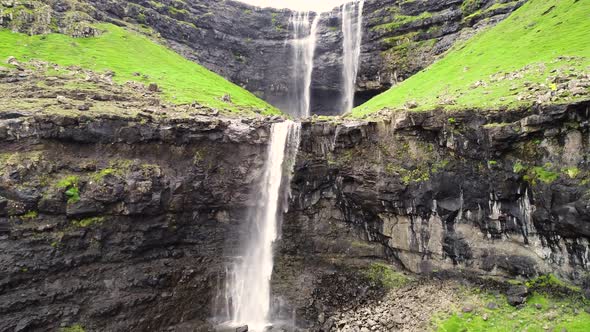 Aerial view of breathtaking Fossa waterfall, Faroe Island.
