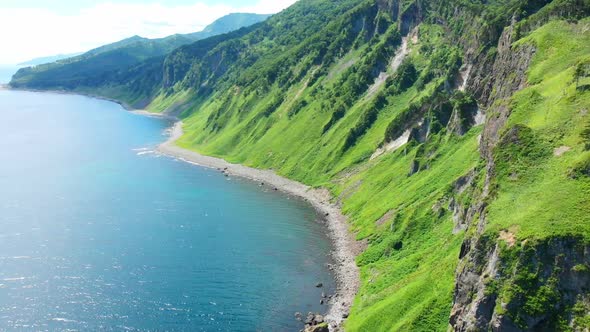 Shiretoko peninsula coastal view with fishing boats