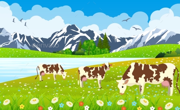 Three Cows In a Landscape And Farm.