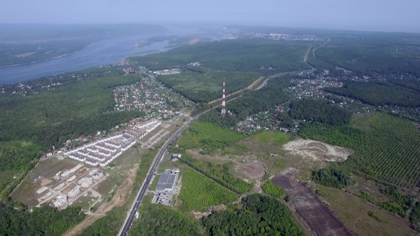 City, Forest, River View From The Heights. Filmed Drone.