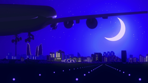 Baku Azerbaijan Airplane Landing Skyline Moonlight Night