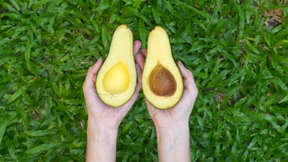 Woman Hands Hold and Open Two Cut Halves of Fresh Green Avocado on Green Grass