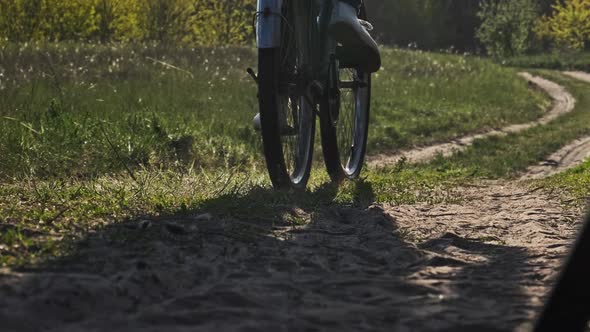 Young Woman on a Bicycle Rides Along Green Forest Path in Sunny Summer Day