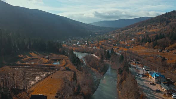 Aerial Countryside Ukrainian Village in Mountains