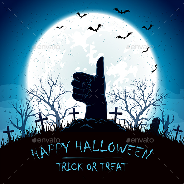 Blue Halloween Background with Thumbs Up on Cemetery