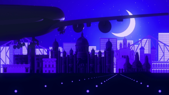 Kolkata India Airplane Landing Skyline Moonlight Night