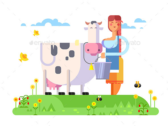 Cartoon Character Cow And Milkmaid