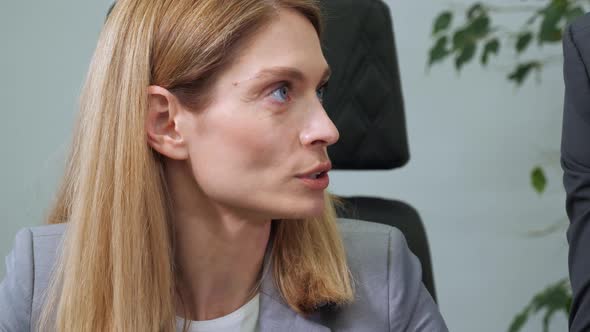 Confident Female Boss Corporate Leader Manager Communicate with Office Worker