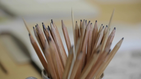  View Of Drawing Pencils Keeping In Pot.